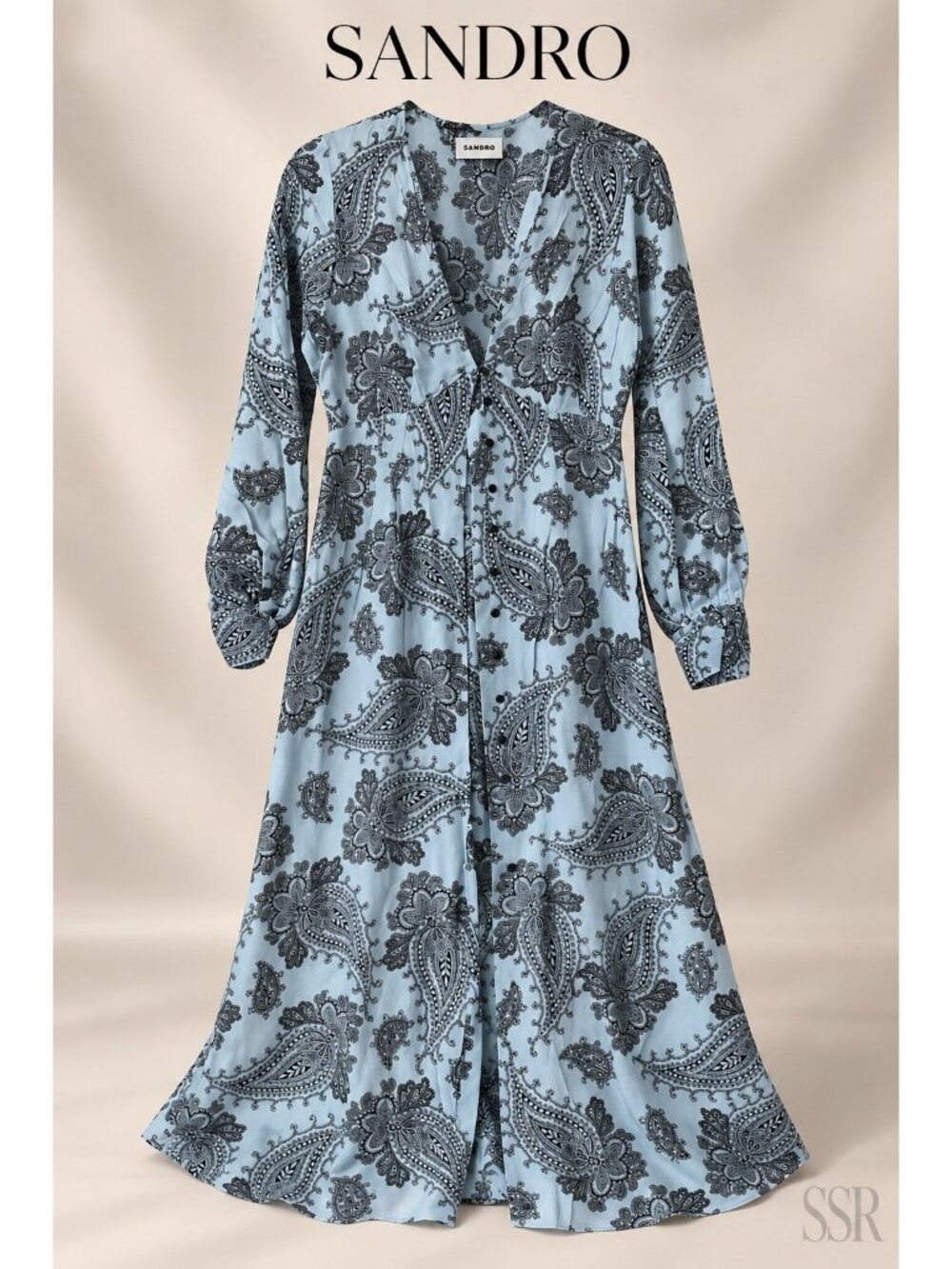 Sandro Beane Blue Paisley Silk Blend Button Front Midi Dress Blue Black US6 FR38